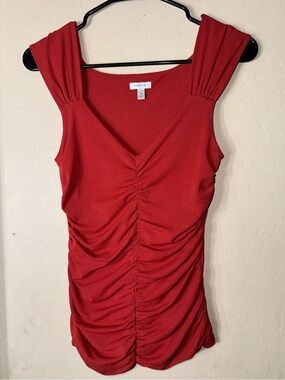 Semantiks Ruched Sleeveless V Neck Stretch Top Red Made in Korea Size S Y2K
